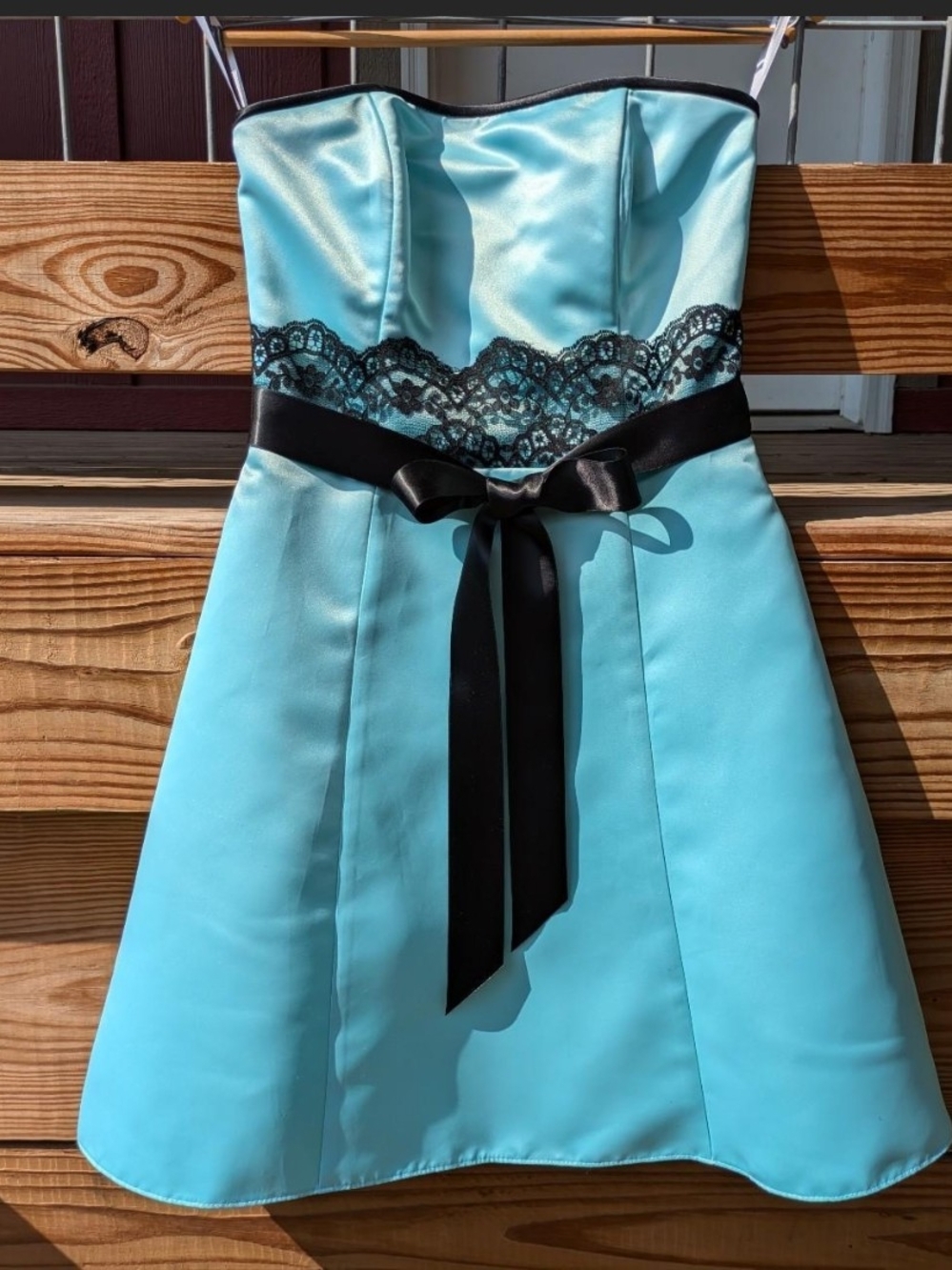 2005 Y2K Jessica McClintock Gunne Sax Aqua Satin A-Line Strapless Dress Small